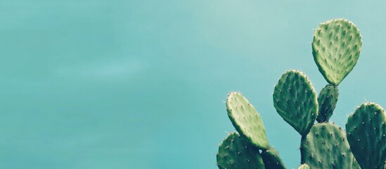 Poster - Trendy pastel background featuring prickly cactus plant in a serene blue setting ideal for botanical and nature-themed compositions