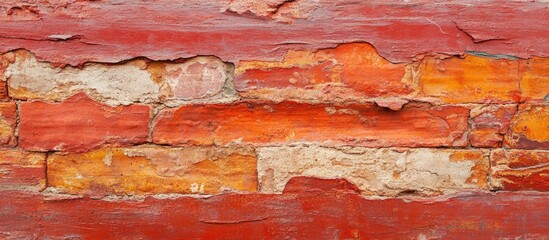 Poster - Vintage red brick wall texture with peeling paint, showcasing rustic charm and weathered details ideal for backgrounds and designs.