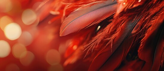 Poster - Vibrant red carnival feathers with a blurred background creating a festive and colorful atmosphere for celebrations and events