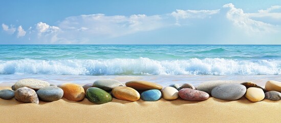 Aufkleber - Natural beach stones with gentle waves lapping the shore under a clear blue sky, creating a serene coastal landscape.