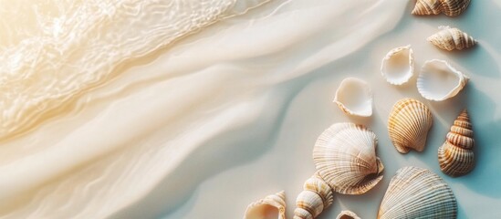Aufkleber - Sea shells on sandy beach with gentle waves creating a serene coastal background for summer and nature themes.