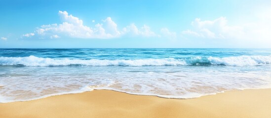 Poster - Sandy beach with gentle waves and clear blue sky perfect for summer relaxation and vacation backgrounds