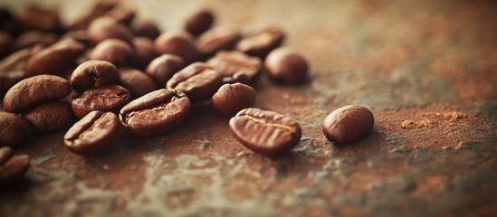 Poster - Roasted coffee beans on rustic background showcasing natural textures and colors ideal for coffee-related themes and marketing.