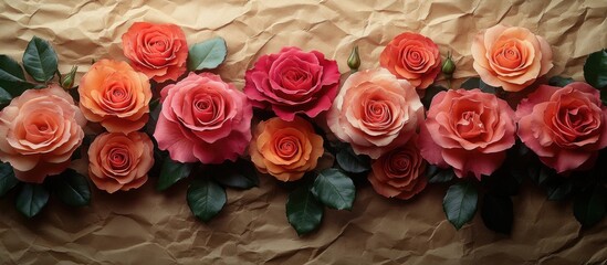 Aufkleber - Roses arranged on textured brown paper background showcasing vibrant colors and natural beauty for floral design concepts