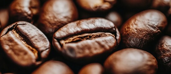 Poster - Roasted brown coffee beans texture close-up natural background for food and beverage industry designs