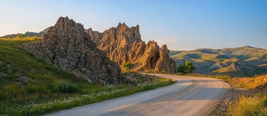 Aufkleber - Scenic landscape featuring rugged rock formations alongside a winding dirt road under a clear blue sky.