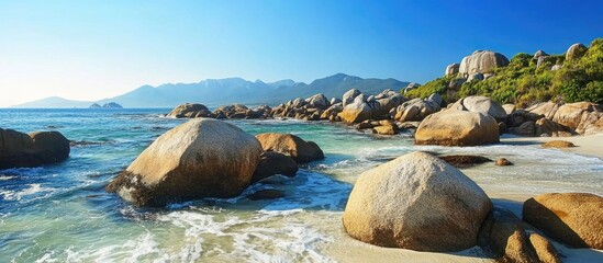 Aufkleber - Coastal landscape with large sea rocks and clear blue water under a bright sky showcasing nature's beauty and serenity.