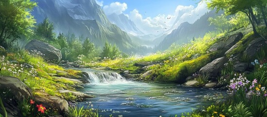 Aufkleber - Tranquil river flowing through a vibrant mountain landscape adorned with lush greenery and blooming flowers under a clear blue sky