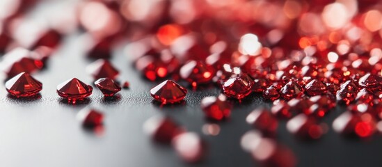 Poster - Red glittering gemstones creating a bokeh effect with light and shadow on a dark background showcasing texture and sparkles.