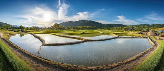 Aufkleber - Vast rural Thai landscape featuring reflective water surfaces and sunlight at dawn in a serene agricultural setting
