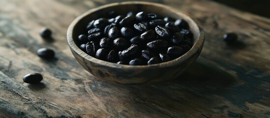 Aufkleber - Roasted Thai coffee beans in a wooden bowl on rustic table highlighting rich textures and colors for coffee enthusiasts.