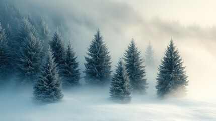 Aufkleber - Serene winter landscape of fog-covered snow-laden pine trees creating a tranquil atmosphere in a snowy wilderness setting.