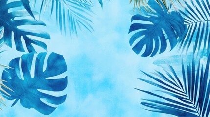 Poster - Tropical Leaf Silhouettes with Translucent Watercolor Background in Sky Blue for Summer Decorations and Printables