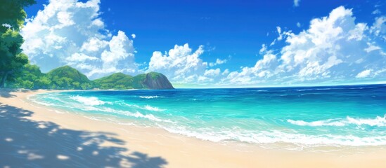 Poster - Tropical beach scene with turquoise water white sand and blue sky dotted with clouds creating a serene natural landscape