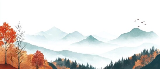 Poster - Autumn mountain landscape with vibrant foliage and misty background ideal for text overlay and nature-themed projects