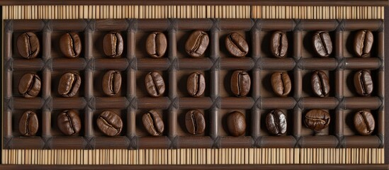 Aufkleber - Roasted coffee beans arranged in a rectangular pattern on a bamboo wooden background for a rich natural aesthetic.