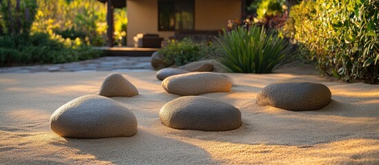 Aufkleber - Serene garden scene featuring smooth rocks and fine sand surrounded by lush greenery and a tranquil atmosphere.