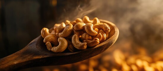 Aufkleber - Roasted cashew nuts in a wooden spoon with a warm, smoky background highlighting their golden color and texture.