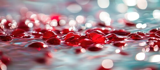 Poster - Red floating beads in crystal clear water creating a serene and tranquil atmosphere with glistening reflections.