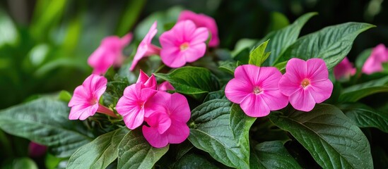 Aufkleber - Vibrant pink flowers blooming in a lush green garden showcasing nature's beauty and romance in a serene outdoor setting.