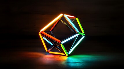 Poster - Neon Geometric Sculpture: A vibrant, multicolored, illuminated artwork