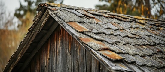 Fototapete - Rustic wooden house roof with aged tiles showcasing natural weathering and protection from elements