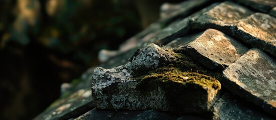 Poster - Weathered dark roof tile with moss detail showcasing age and character in traditional Indonesian architecture.