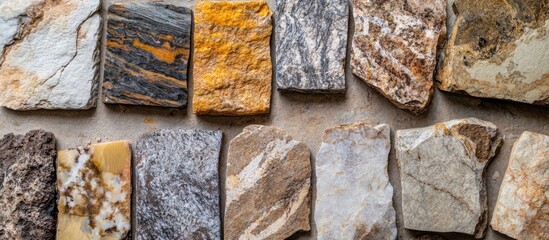 Aufkleber - Various types of colorful natural stones arranged on a surface showcasing their unique textures and patterns for decorative purposes.