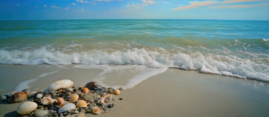 Aufkleber - Serene coastal scene with gentle waves lapping at a sandy beach adorned with colorful seashells and pebbles under a clear blue sky