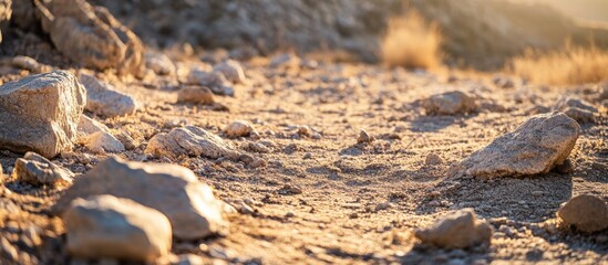 Aufkleber - Desert trail with rocky terrain illuminated by warm sunlight highlighting the textures and natural beauty of the surroundings
