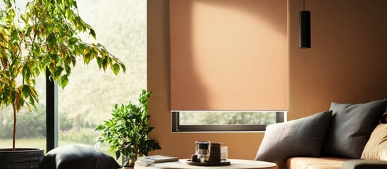 Aufkleber - Stylish living room interior featuring a modern roller blind with natural light and green plants for a cozy atmosphere