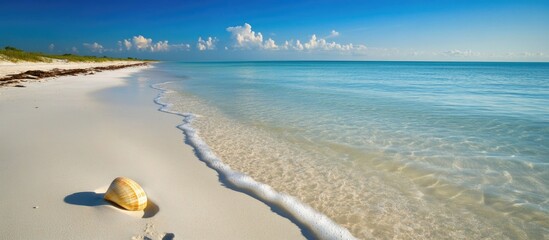 Poster - Tranquil beach scene with gentle waves, soft sand, and clear blue waters at low tide under a bright sunny sky.