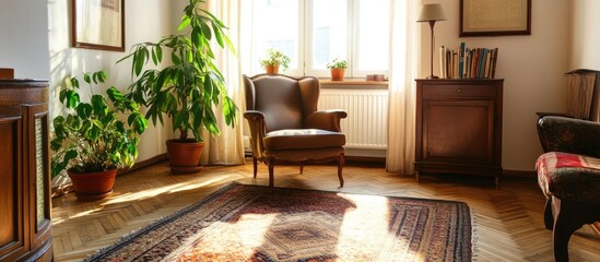 Wall Mural - Vintage room interior featuring wooden floors, natural light, potted plants, and classic furniture creating a cozy atmosphere.