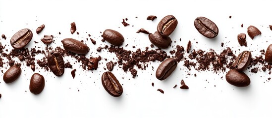 Poster - Premium roasted coffee beans with ground fragments on a clean white background for coffee-related design and branding projects.