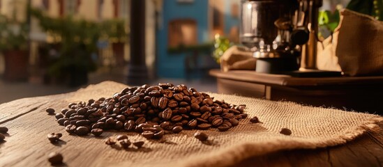 Aufkleber - High-quality roasted coffee beans on a rustic wooden table with vibrant background elements creating a warm atmosphere.