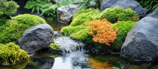 Aufkleber - Rocks covered in lichen beside a serene stream with vibrant moss and colorful foliage reflecting in the water