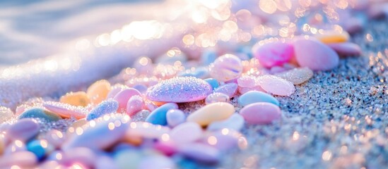 Aufkleber - Colorful sea pebbles with morning dew resting on beach stones creating a textured background for natural coastal scenes.
