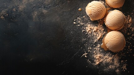 Aufkleber - Salted caramel ice cream scoops on a dark textured background with sprinkled crumbs depicting a delicious dessert scene.