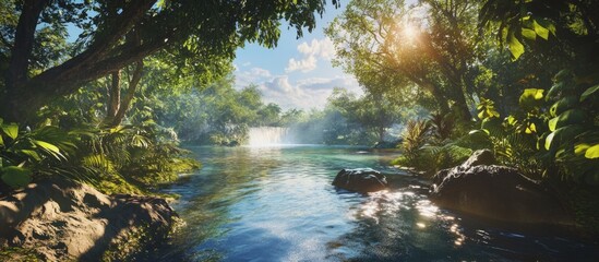 Aufkleber - Tranquil River Landscape with Lush Greenery and Sunlight in Sipis Pis Deli Serdang Regency