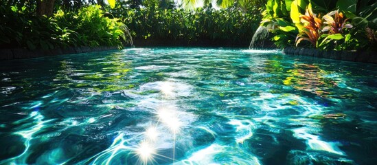 Aufkleber - Sunlit ripples on a tranquil swimming pool surrounded by lush greenery and vibrant tropical plants.