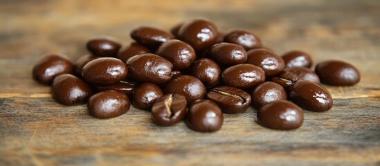 Poster - Roasted coffee beans on wooden surface creating a warm and inviting background for coffee-related themes and designs