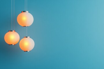 Poster - Modern Illumination Aesthetic Glowing Paper Lanterns on Minimalist Blue Background - Cultural Content Creation and Ambient Event Lighting for Festive Celebrations