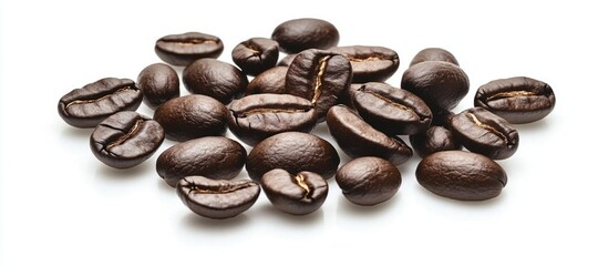 Poster - Roasted coffee beans arranged on a clean white background showcasing their rich texture and dark color for gourmet coffee enthusiasts