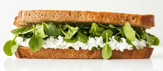 Aufkleber - Healthy sandwich with cottage cheese and fresh greens on whole grain bread isolated on white background