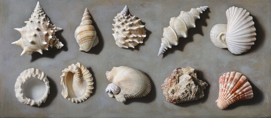 Aufkleber - Collection of diverse sea shells arranged artistically on a textured grey background showcasing natural beauty and intricate designs.