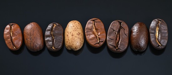 Poster - Roasted cocoa and coffee beans arranged in a line on a sleek black background showcasing their unique textures and colors