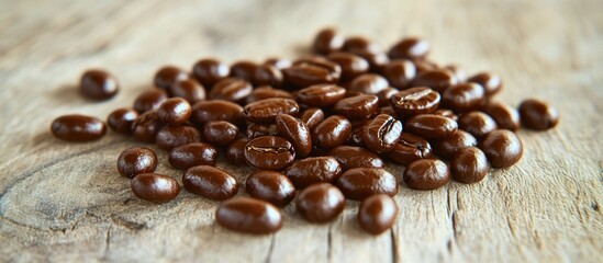 Aufkleber - Roasted coffee beans scattered on a rustic wooden surface ideal for beverage or culinary backgrounds and design projects.