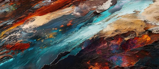 Aufkleber - Abstract aerial view of vibrant canyon landscape showcasing rich rock textures and colorful water patterns. Ideal for nature and adventure themes.