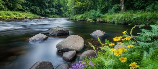 Aufkleber - Serene riverside landscape featuring diverse textured rocks, lush forest foliage, and vibrant wildflowers along the water's edge.