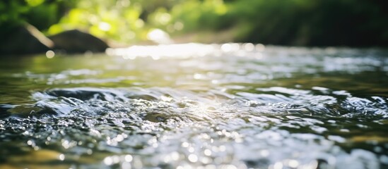Aufkleber - Gentle ripples on a serene river surface reflecting sunlight with lush greenery in the background creating a tranquil natural atmosphere